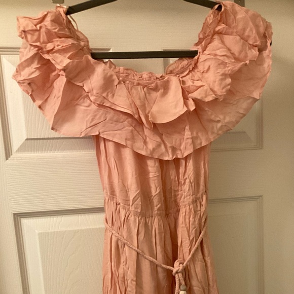 🆕Pink Off The Shoulder Flounced Flowy Ruffled Maxi Dress With Tasseled Belt - Picture 8 of 14